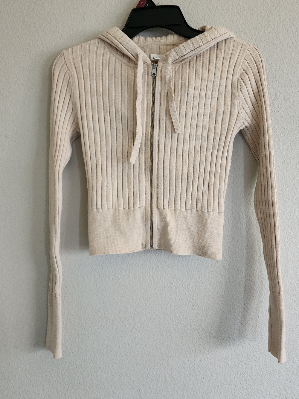 Aerie NWT Beige Ribbed Knit Full Zip Cropped Hoodie Sweater XS